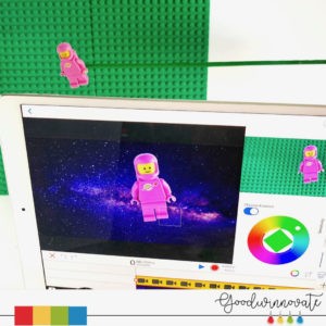 lego minifigure in front of lego baseplate green screen